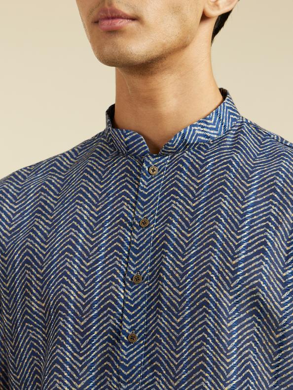 Diwas Men Oxford Blue Chevron Printed Kurta