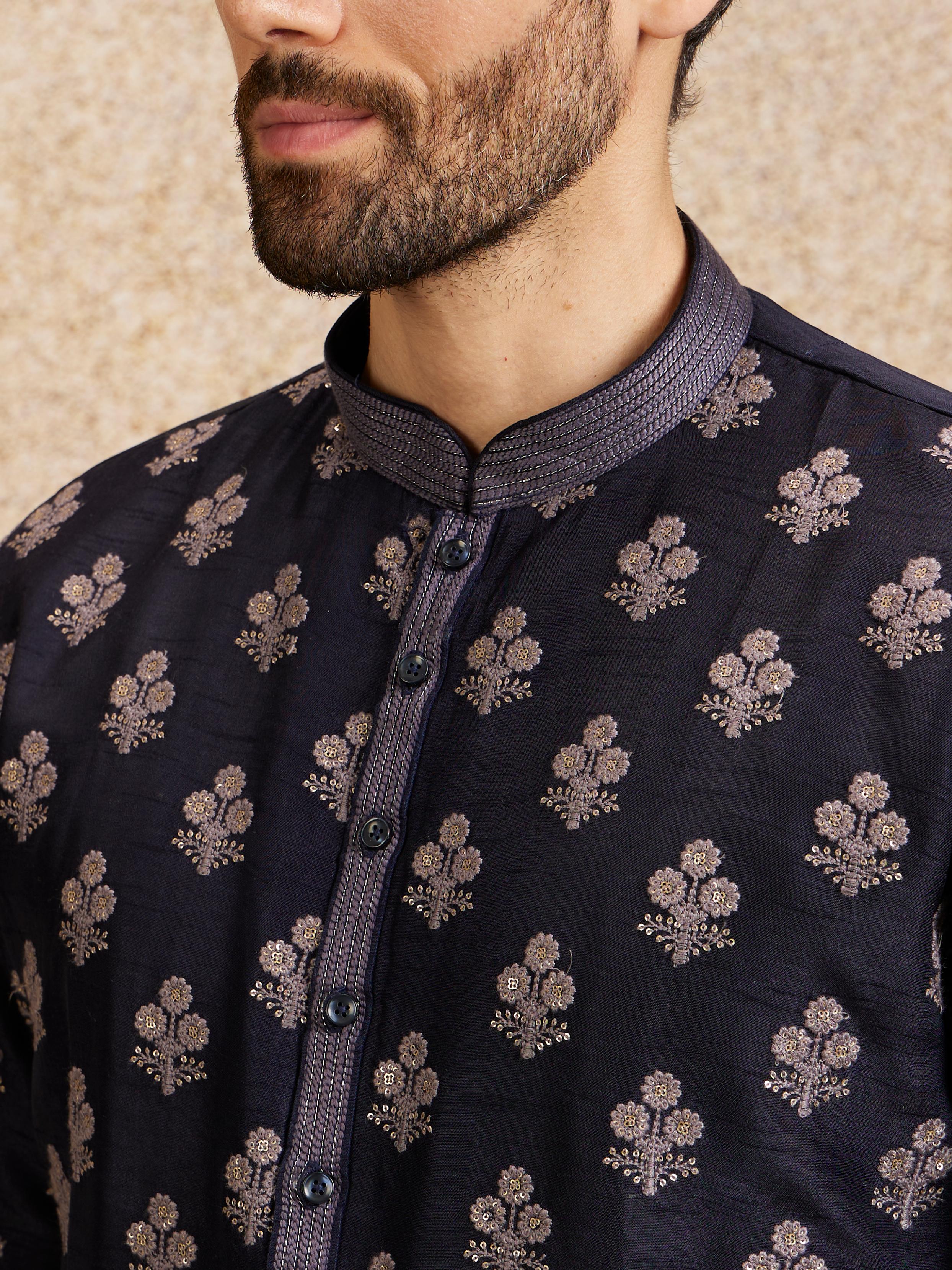 Twamev Men Navy Blue Floral Motif Kurta Set
