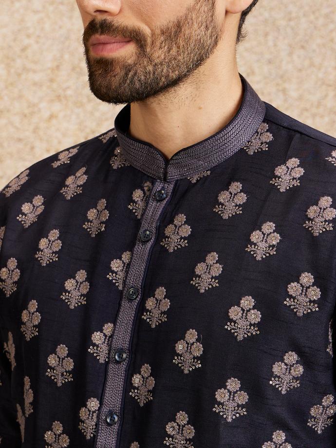 Twamev Men Navy Blue Floral Motif Kurta Set