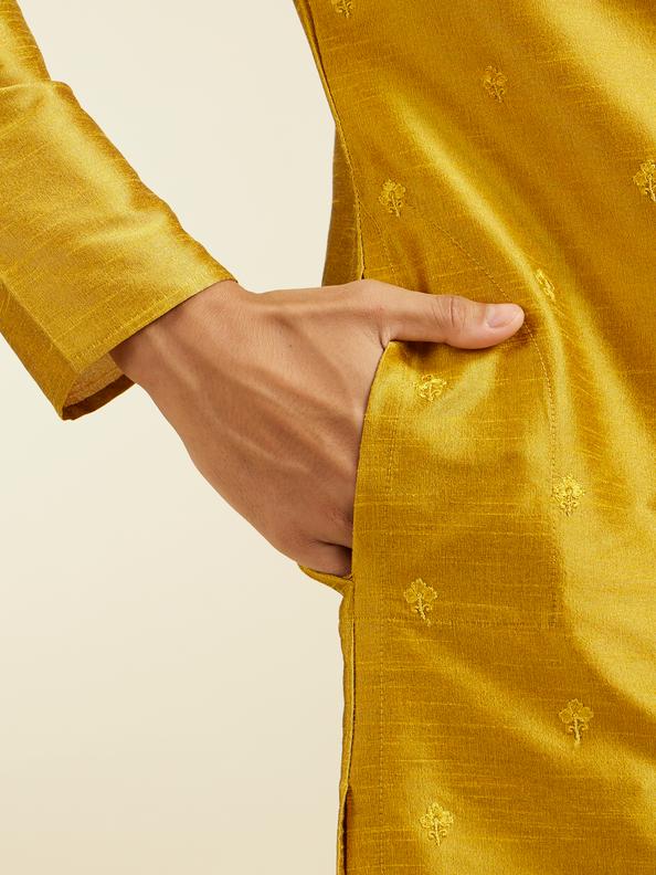 Diwas Men Mustard Yellow Buta Embroidered Kurta with Mirror Work