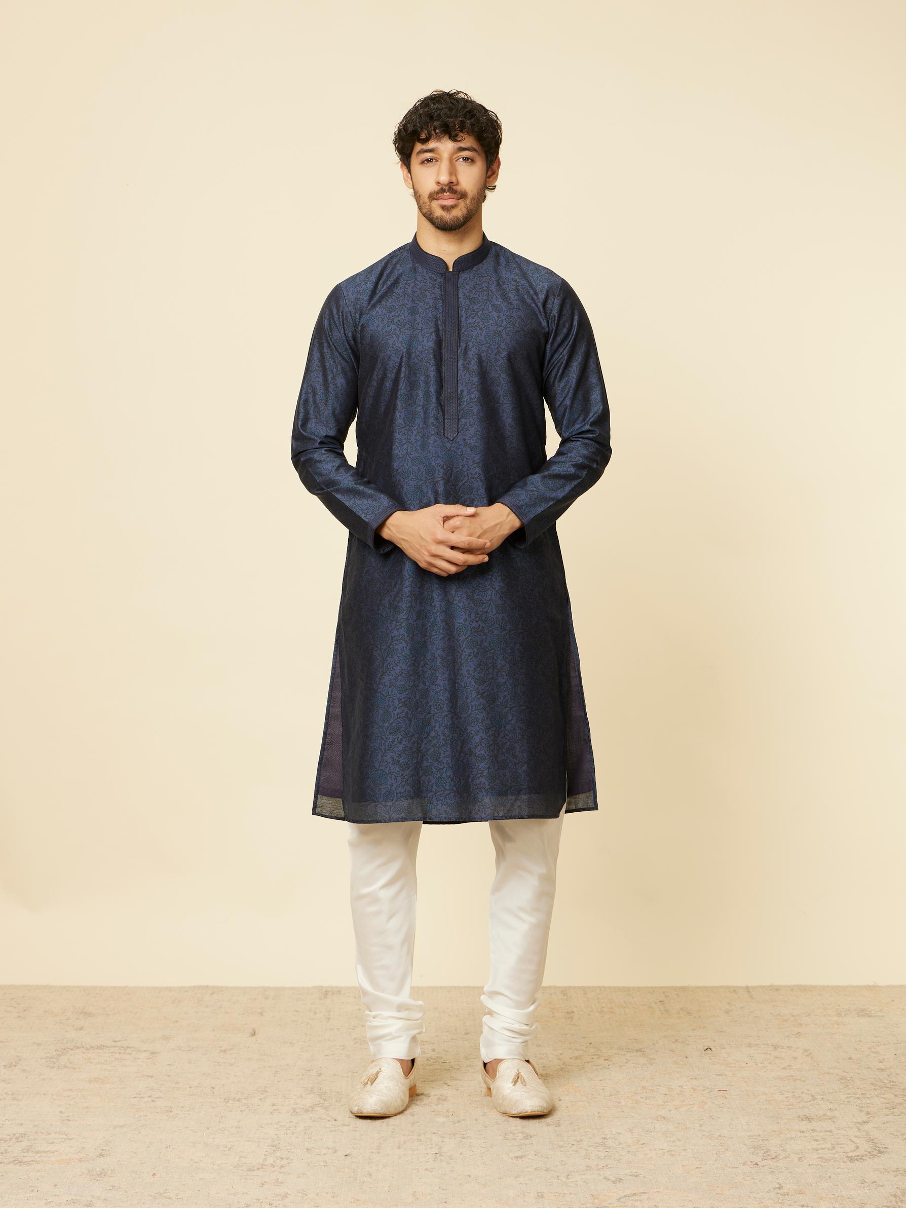 Twamev Men Indigo Blue Bel Buti Patterned Kurta Set
