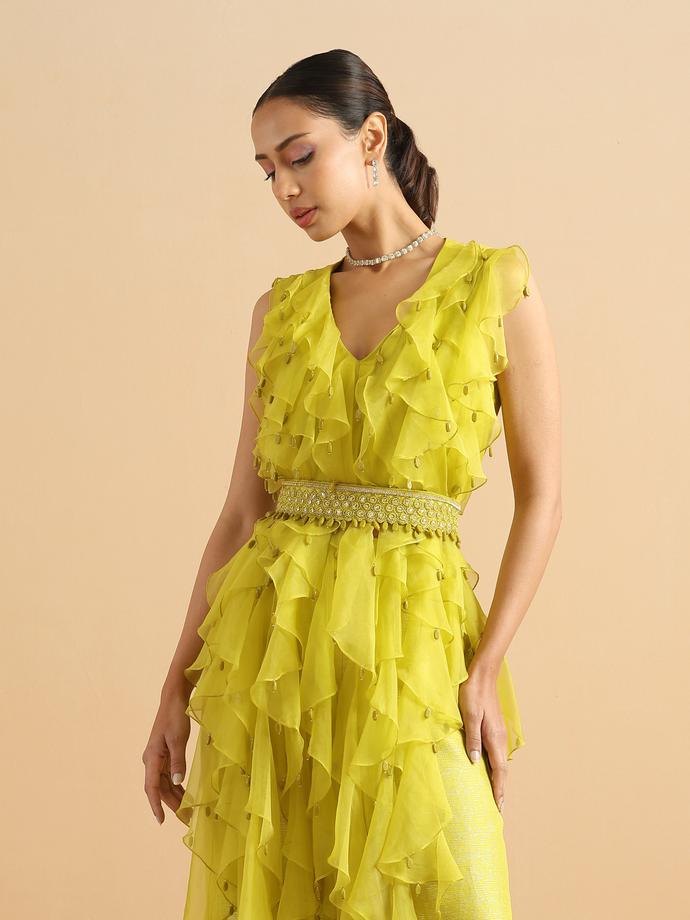 Twamev Women Contemporary Green Ruffle Stitched Suit