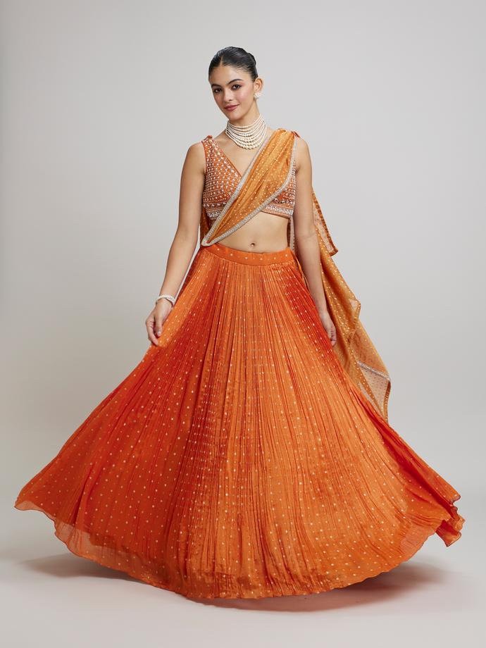 Twamev Women Orange Georgette Festive Lehenga