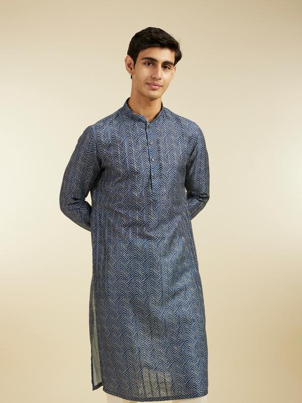 Diwas Men Oxford Blue Chevron Printed Kurta