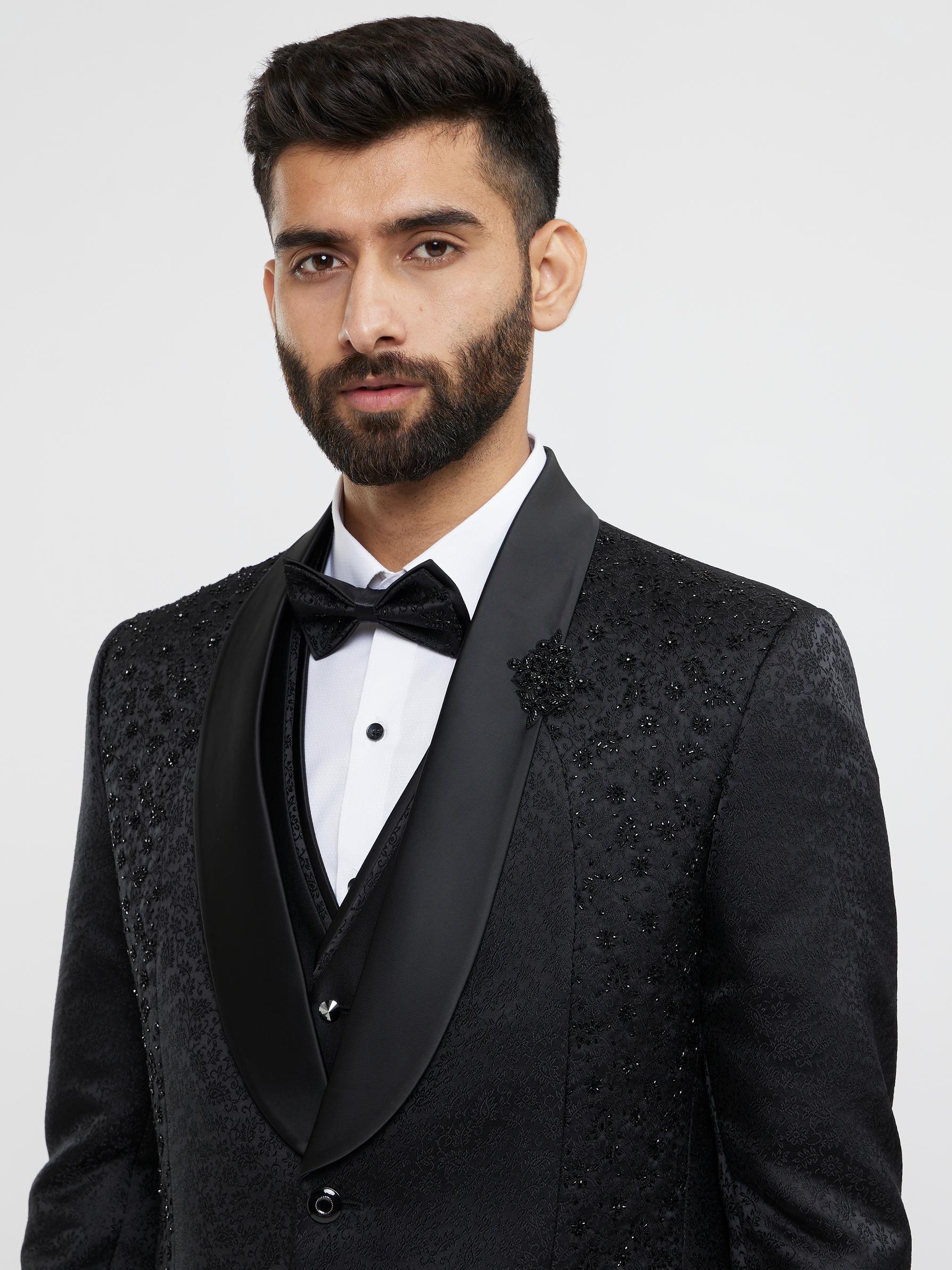 Twamev Men Black Brocade Elegance Suit Set