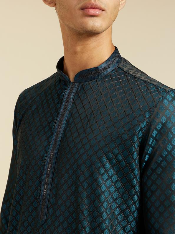 Diwas Men Teal Blue Grid Patterned Kurta with Sequinned Placket