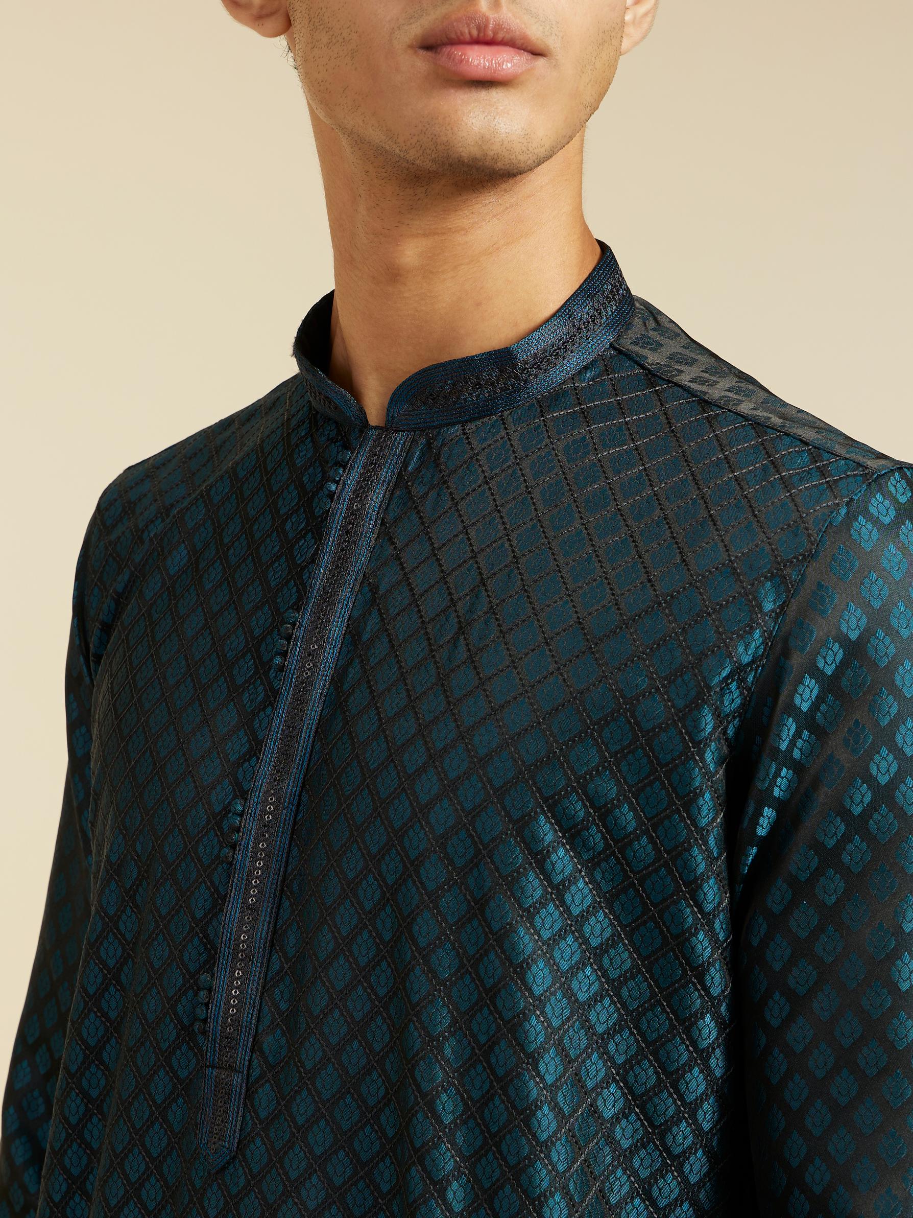 Diwas Men Teal Blue Grid Patterned Kurta with Sequinned Placket