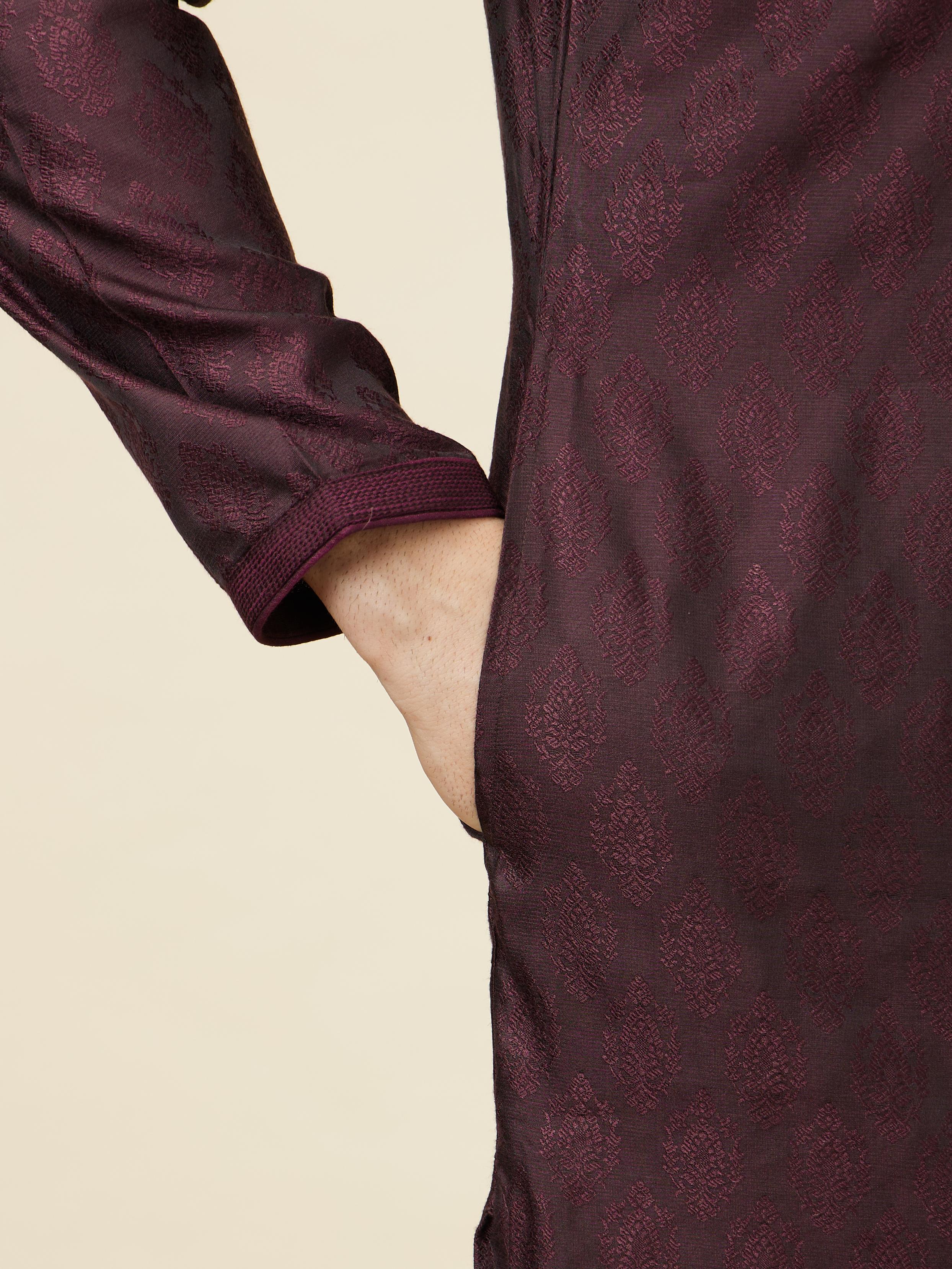 Twamev Men Wine Jacquard Kurta Set