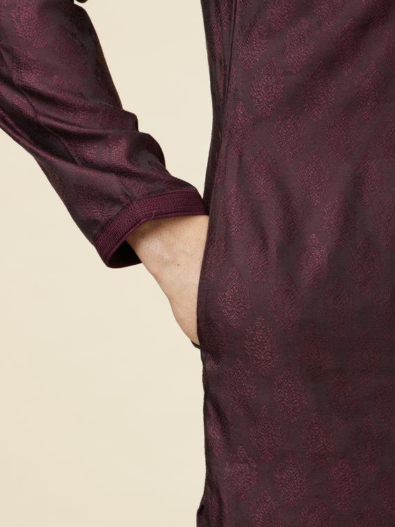 Twamev Men Wine Jacquard Kurta Set