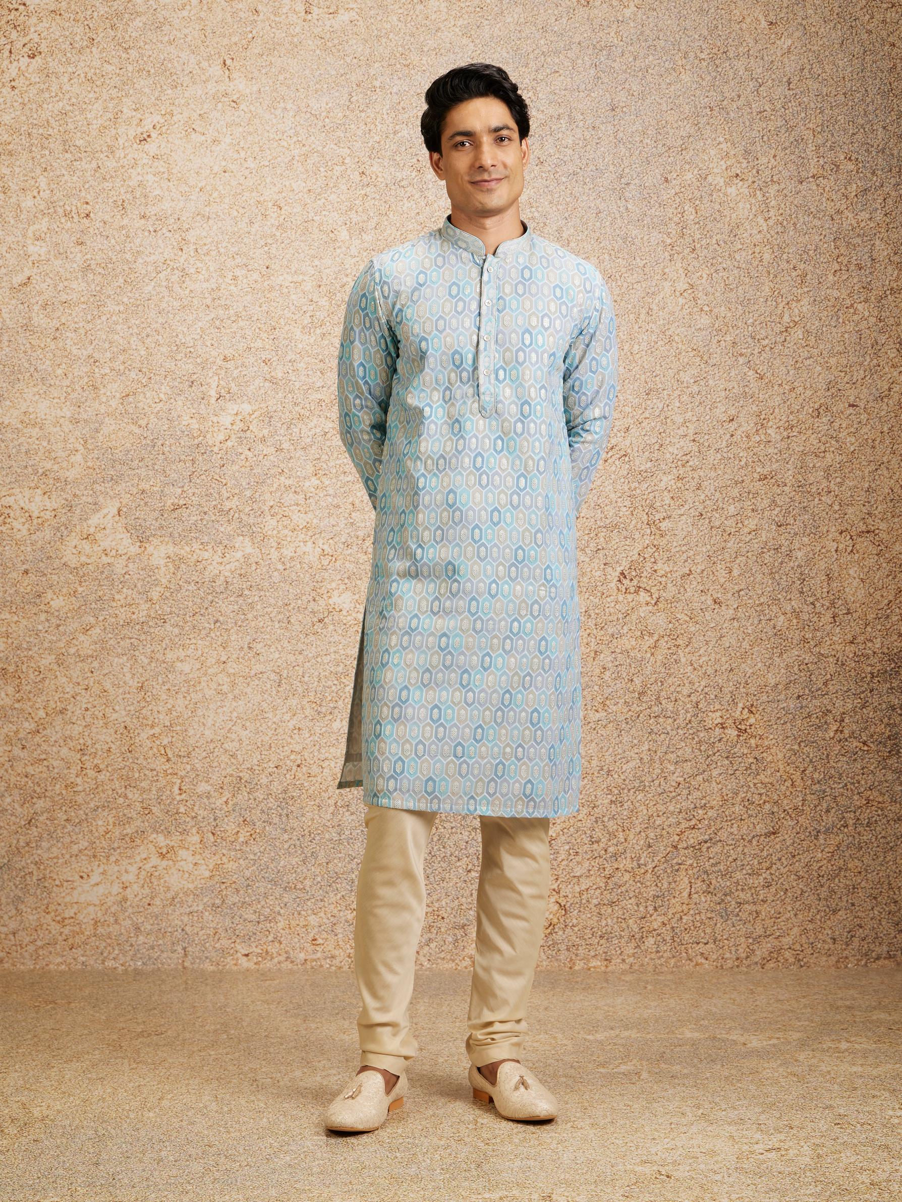 Twamev Men Tranquil Blue Self Patterned Kurta Set