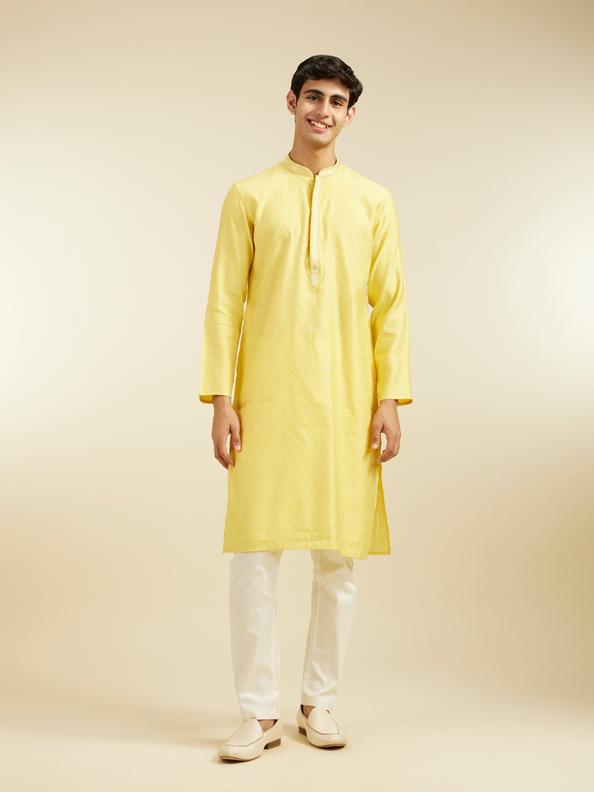 Diwas Men Sunshine Yellow Honeycomb Patterned Kurta