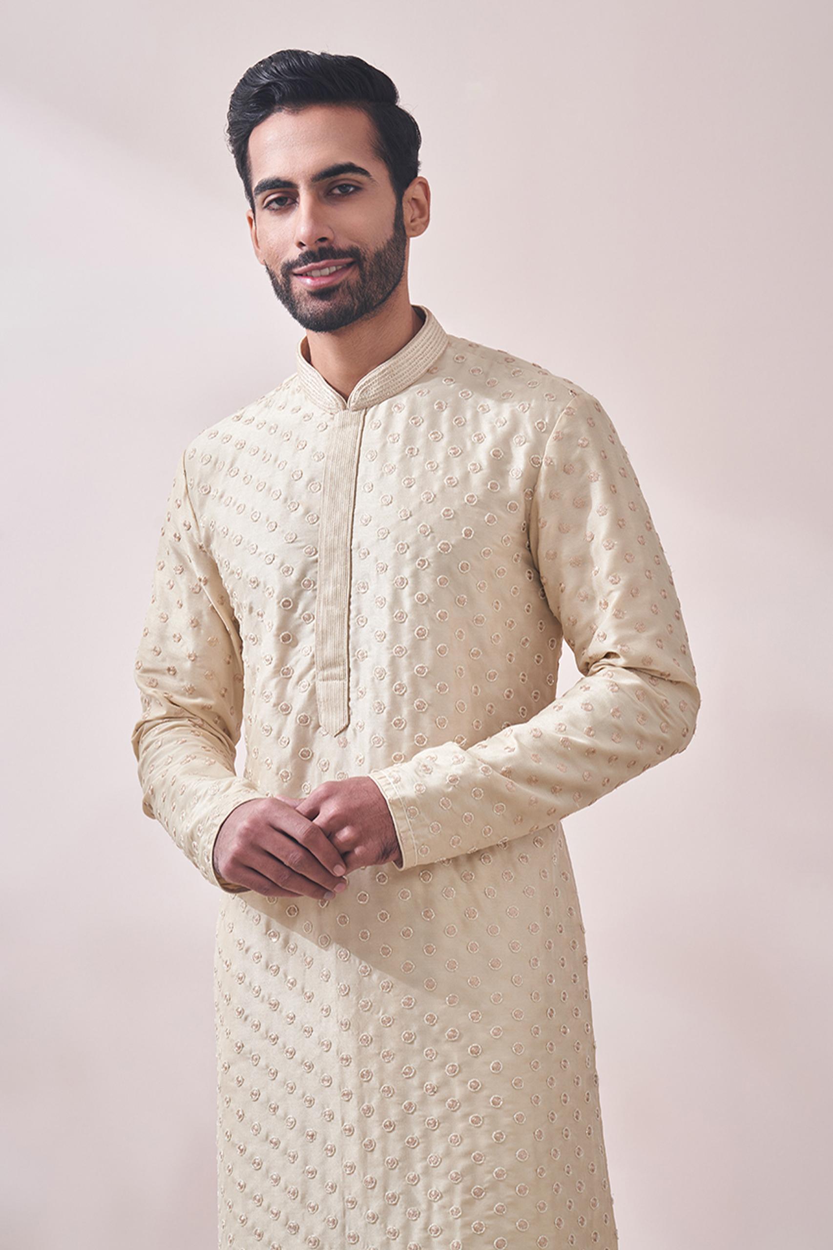 Twamev Men Fancy Beige Self Design Kurta Set