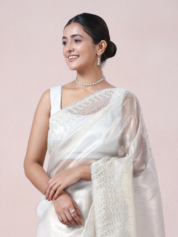 Twamev Women Creamy Sheen Organza Saree
