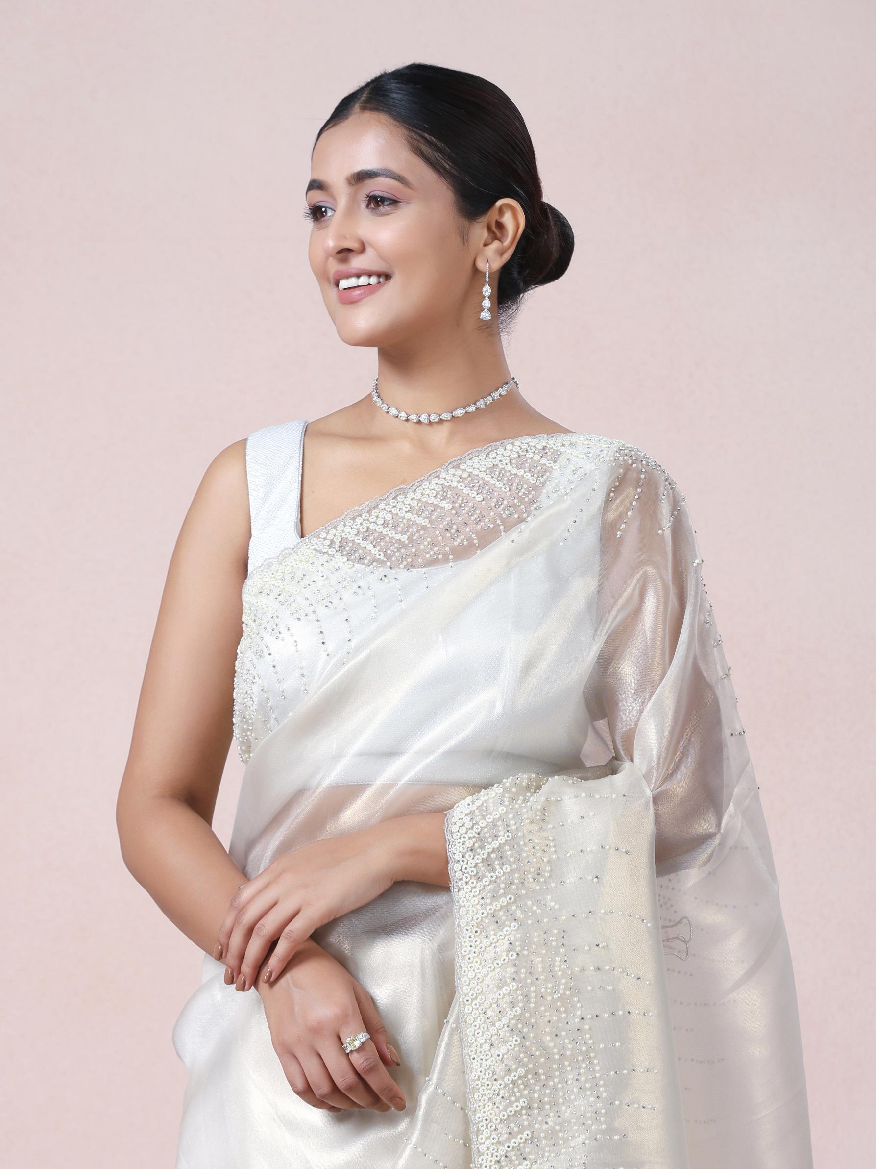 Twamev Women Creamy Sheen Organza Saree