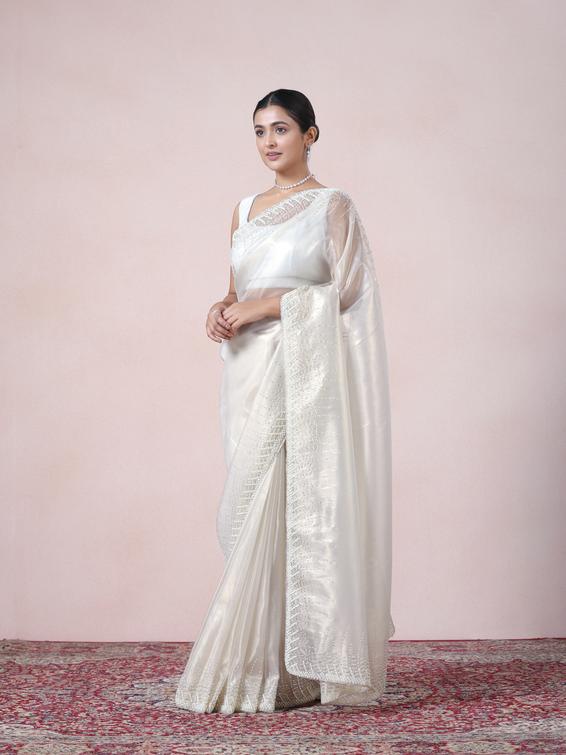 Twamev Women Creamy Sheen Organza Saree