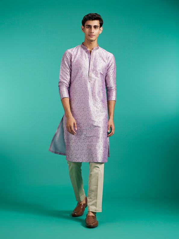 Diwas Men Soft Lilac Bel Embroidered Kurta with Rhinestone Work