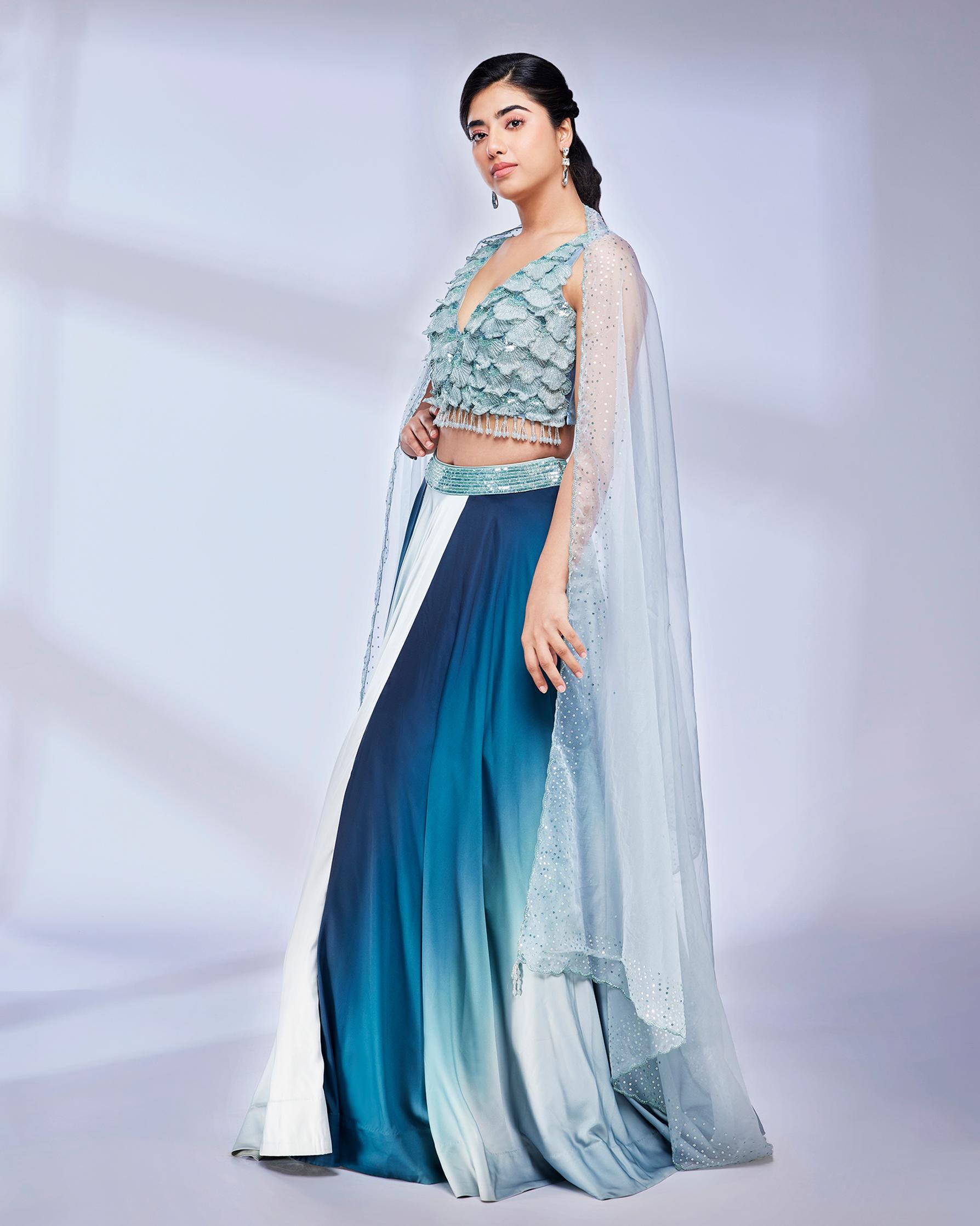 Twamev Women Sea Green Marble Ombre Shaded Skirt Top