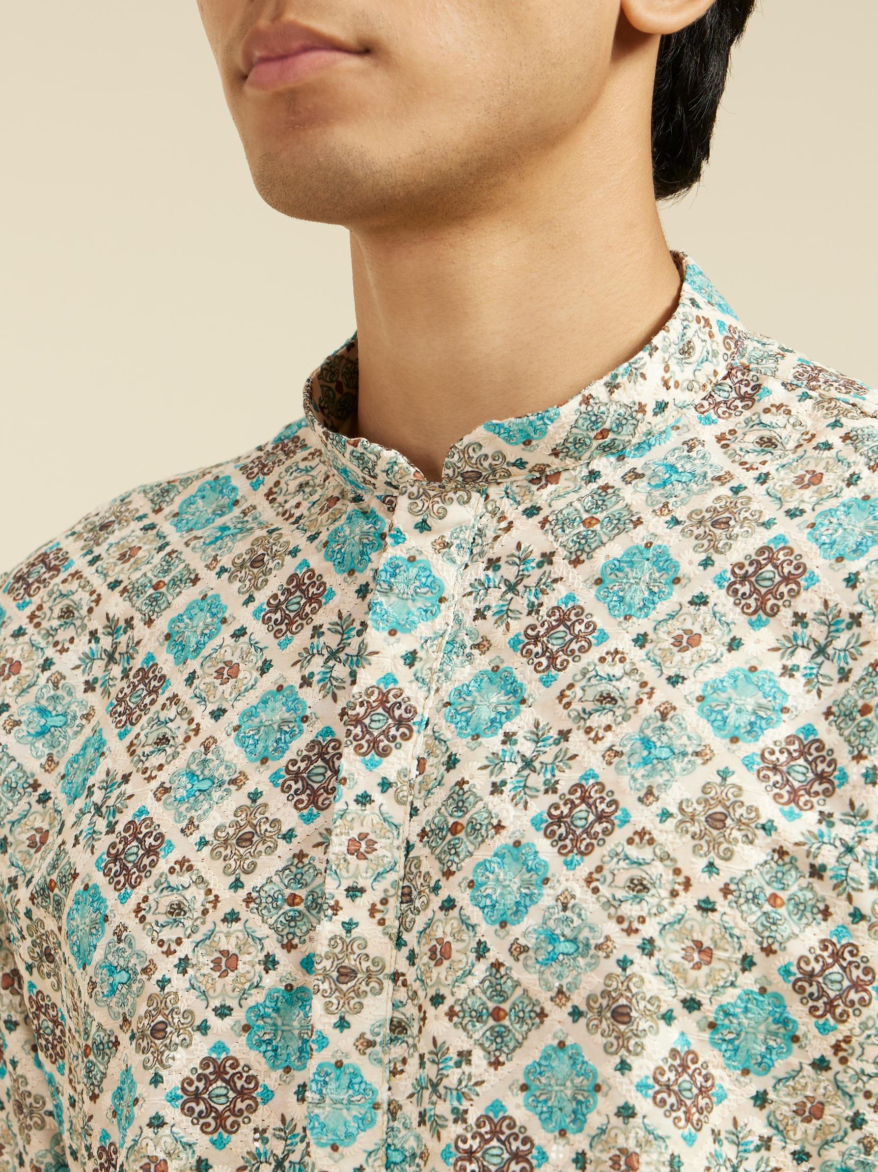 Diwas Men Aqua Green Chikankari Inspired Printed Kurta