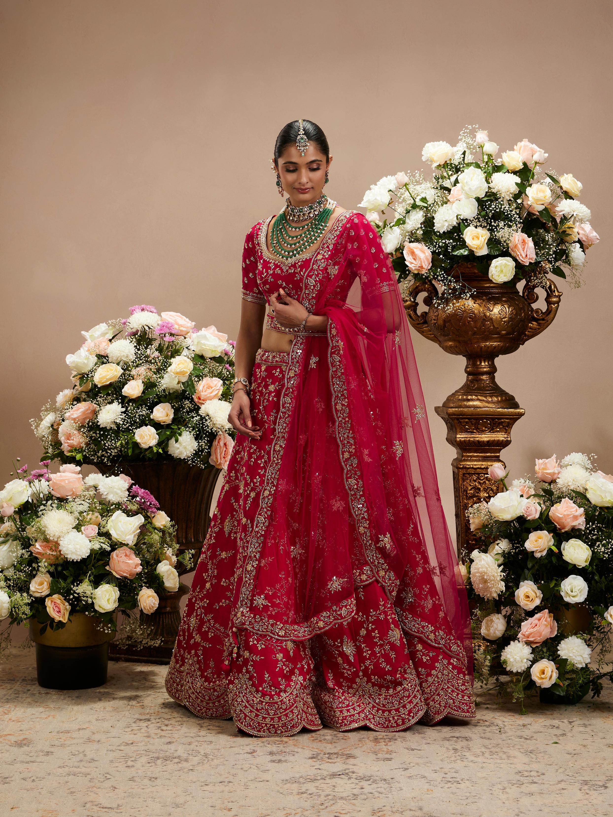 Twamev Women Rani Pink Bel Buti Embroidered Lehenga with Scalloped Borders And Pillow Trim Latkans
