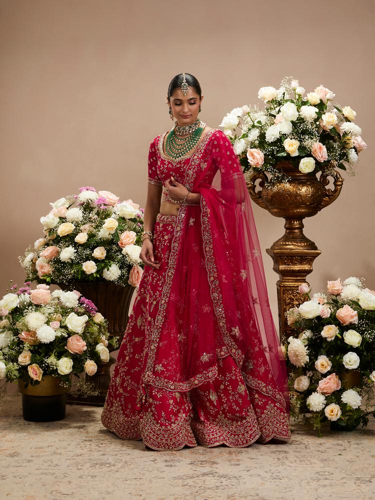 Twamev Women Rani Pink Bel Buti Embroidered Lehenga with Scalloped Borders And Pillow Trim Latkans