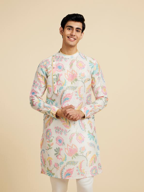 Diwas Men Cream White Floral Printed Kurta