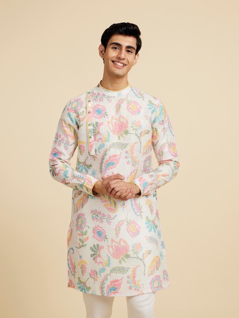 Diwas Men Cream White Floral Printed Kurta