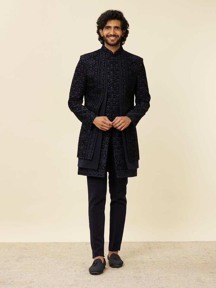 Twamev Men Dark Blue Scallop Shell Patterned Indo Western Set