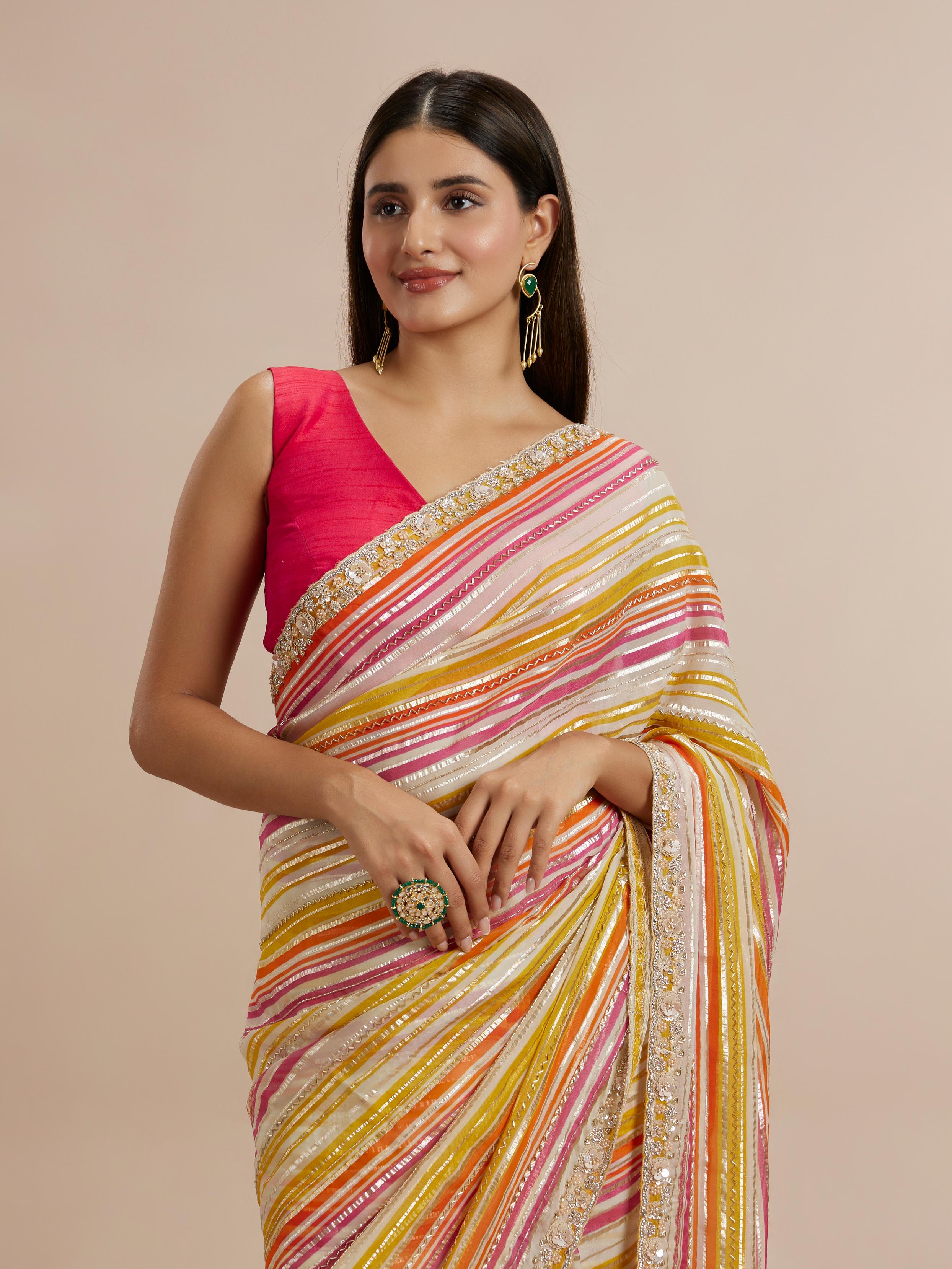 Twamev Women Majestic Cream Organza Saree