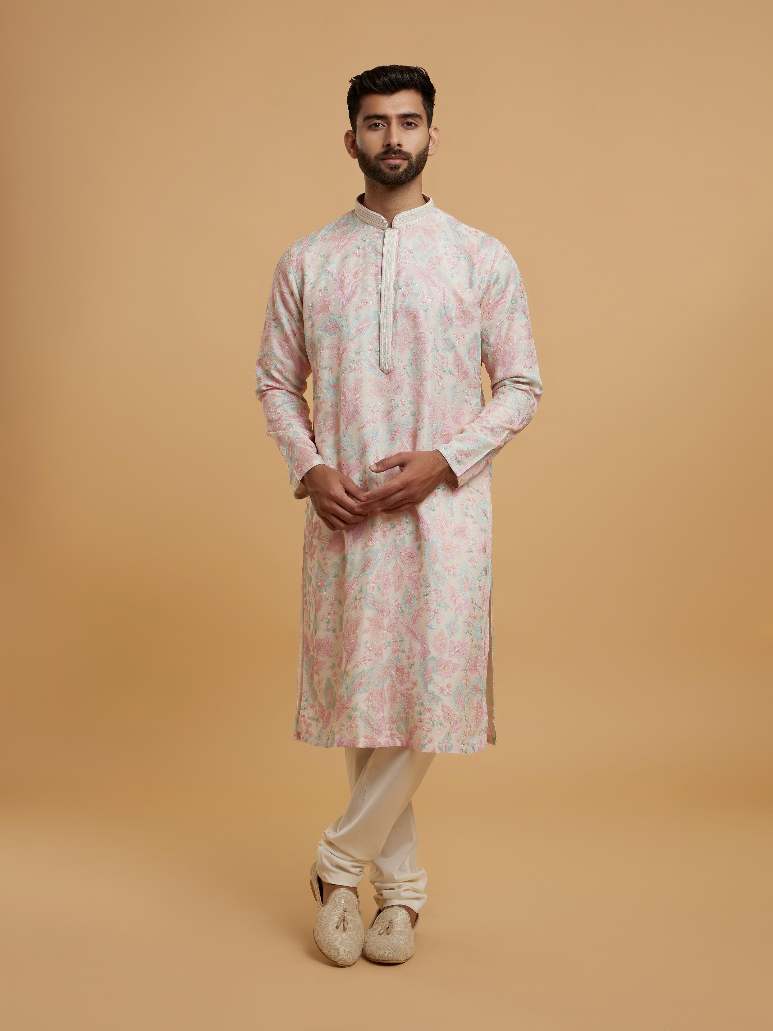 Twamev Men Festive Pink-Cream Elegance Kurta Pajama