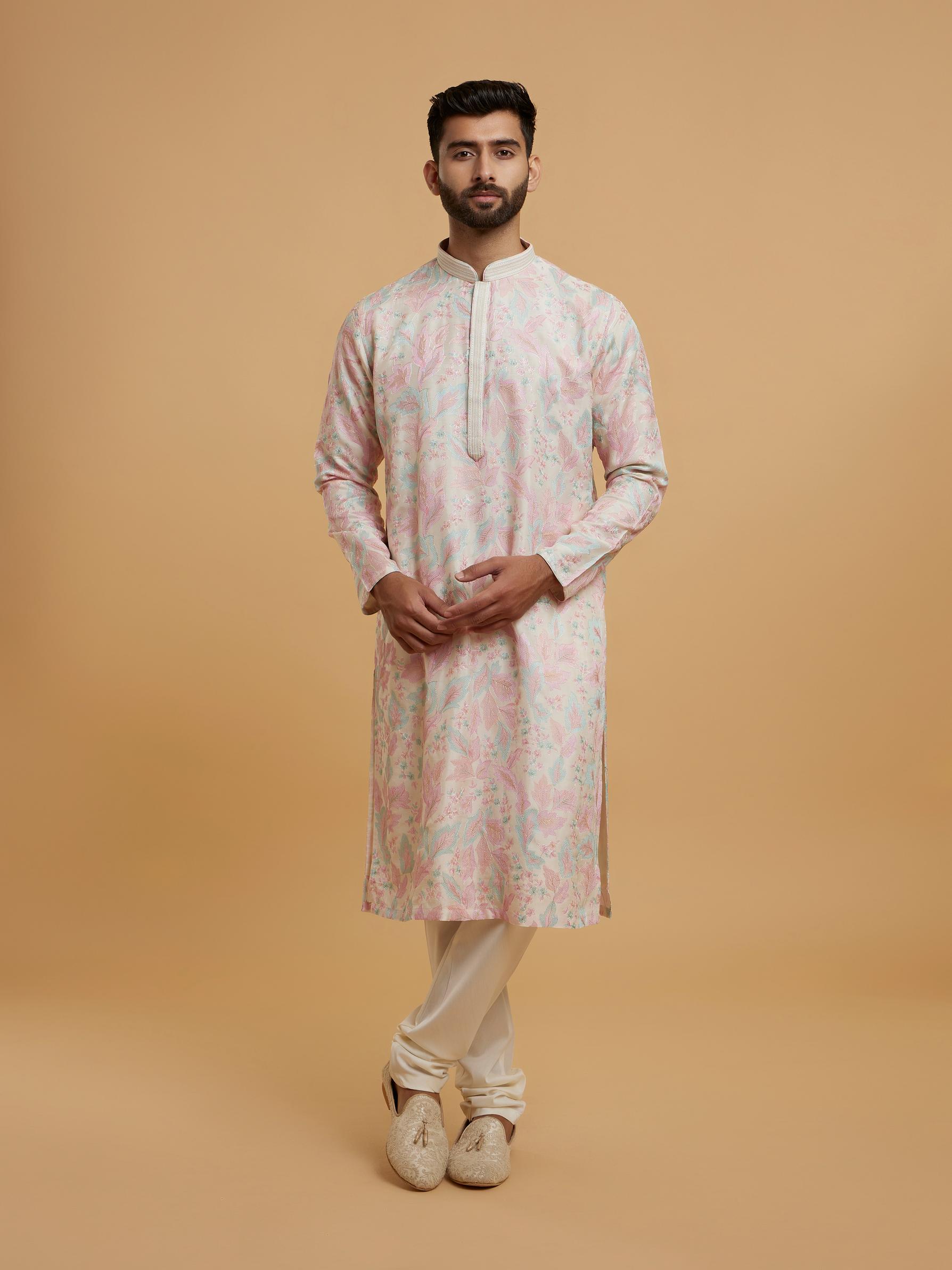Twamev Men Festive Pink-Cream Elegance Kurta Pajama