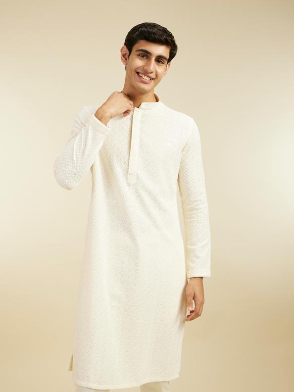 Diwas Men Cream White Chikankari Kurta with Sequin