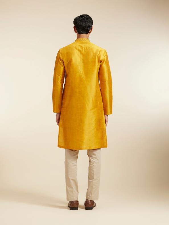 Diwas Men Mustard Yellow Self Textured Kurta with Embroidered Neckline