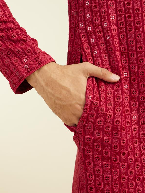 Diwas Men Maroon Red Chikankari Sequinned Kurta