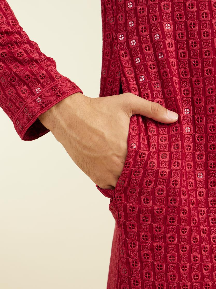 Diwas Men Maroon Red Chikankari Sequinned Kurta