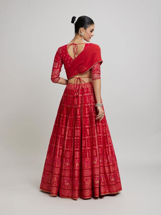 Twamev Women Scintillating Red Chinon Lehenga