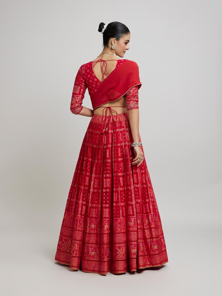 Twamev Women Scintillating Red Chinon Lehenga