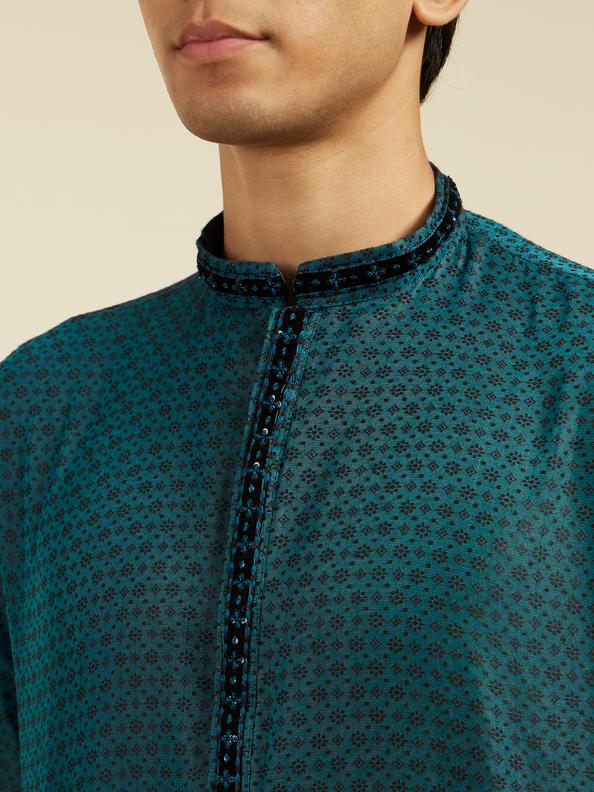 Diwas Men Teal Green Floral Buta Patterned Kurta with Sequinned Neckline