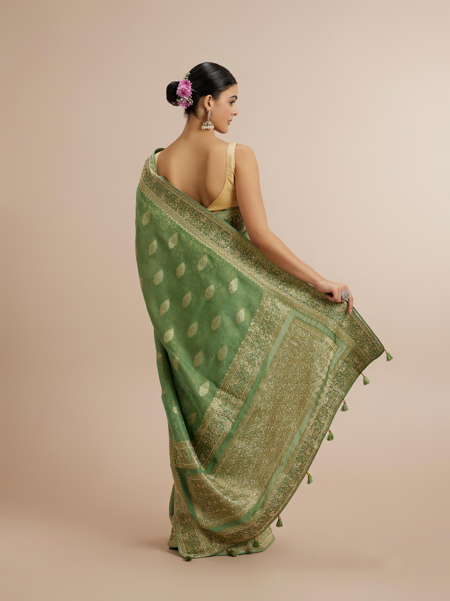 Twamev Women Enchanting Sea Green Satin Saree