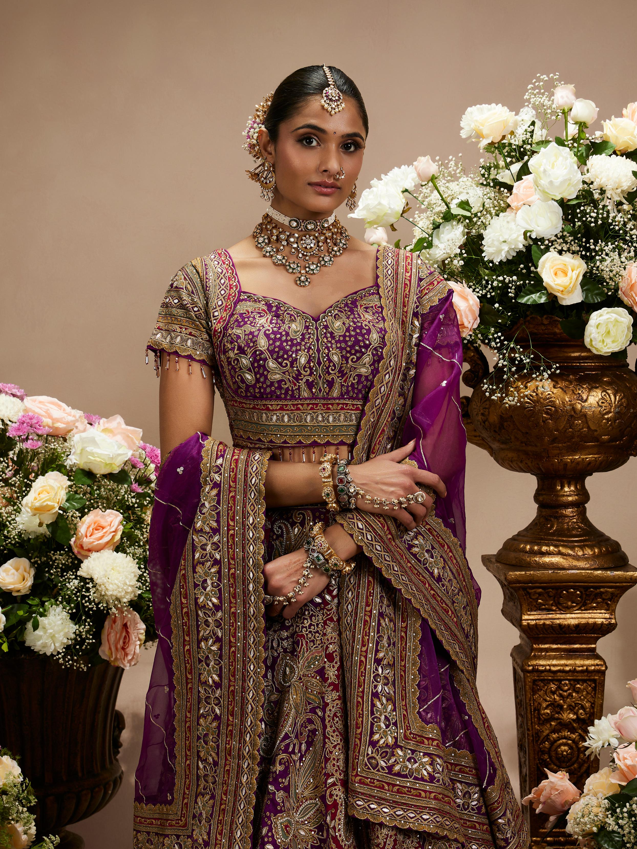 Twamev Women Royal Purple And Cherry Red Embroidered Lehenga with Paisley