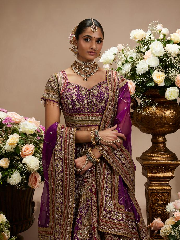 Twamev Women Royal Purple And Cherry Red Embroidered Lehenga with Paisley