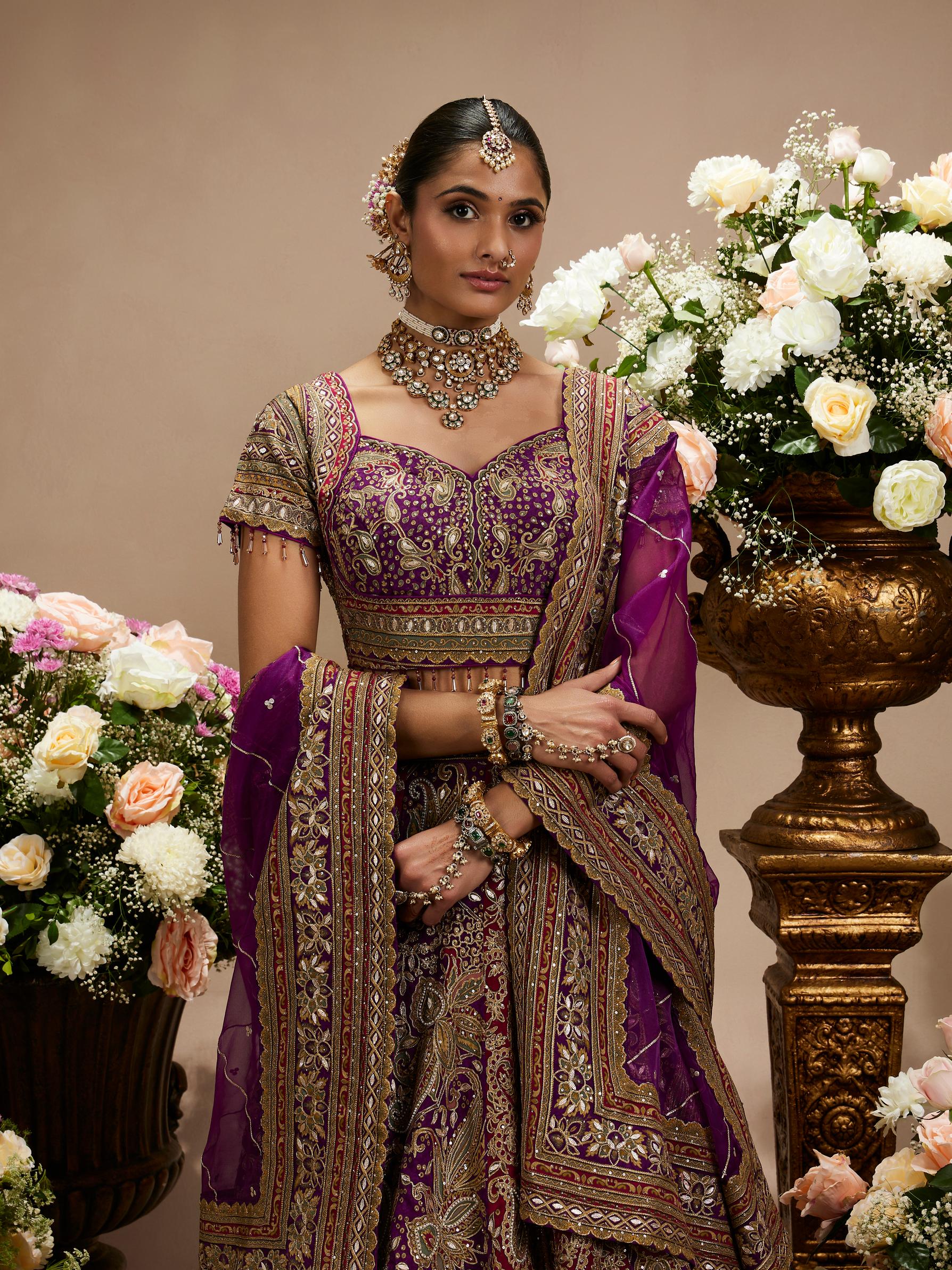 Twamev Women Royal Purple And Cherry Red Embroidered Lehenga with Paisley