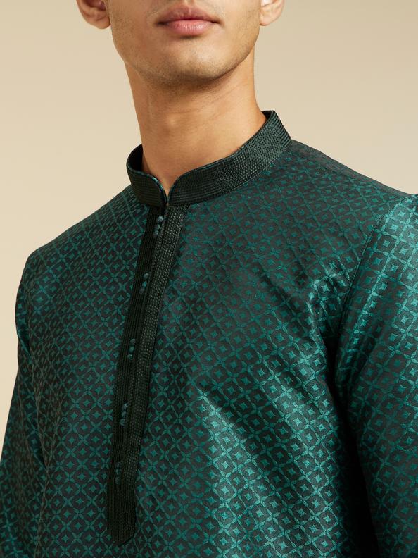 Diwas Men Bottle Green Lattice Patterned Kurta