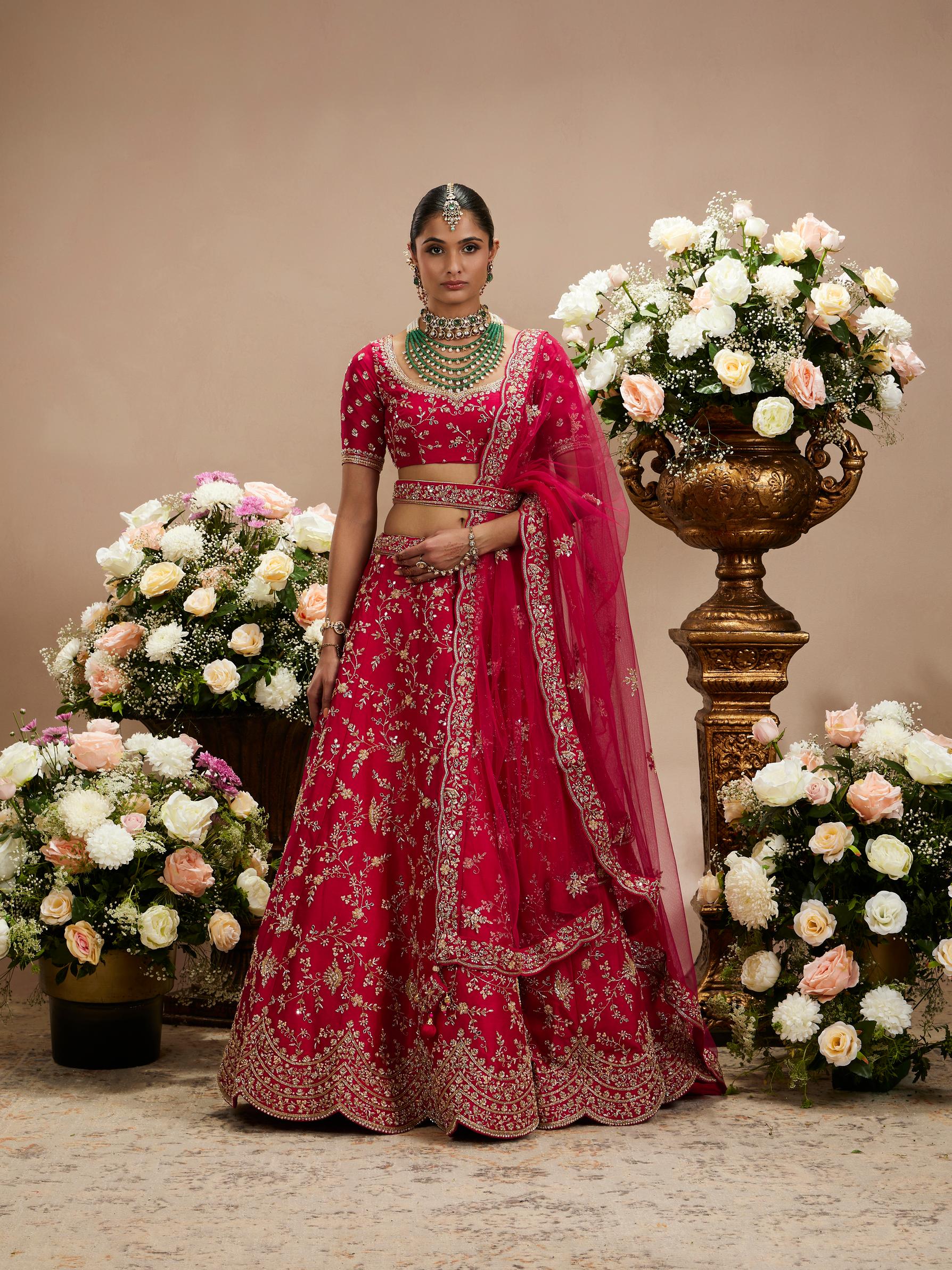 Twamev Women Rani Pink Bel Buti Embroidered Lehenga with Scalloped Borders And Pillow Trim Latkans