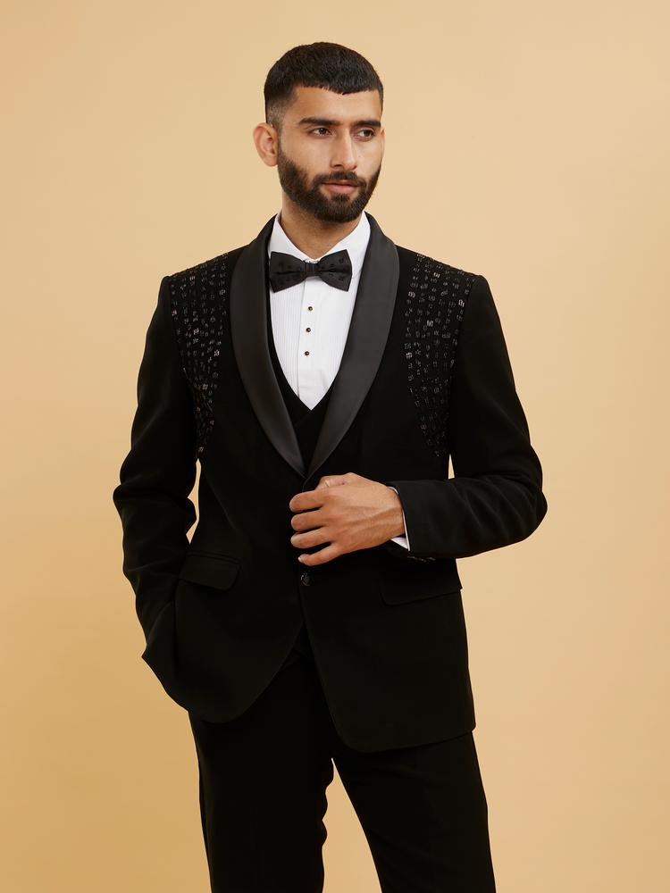 Twamev Men Midnight Black Embellished Shawl Collared Tuxedo Suit Set