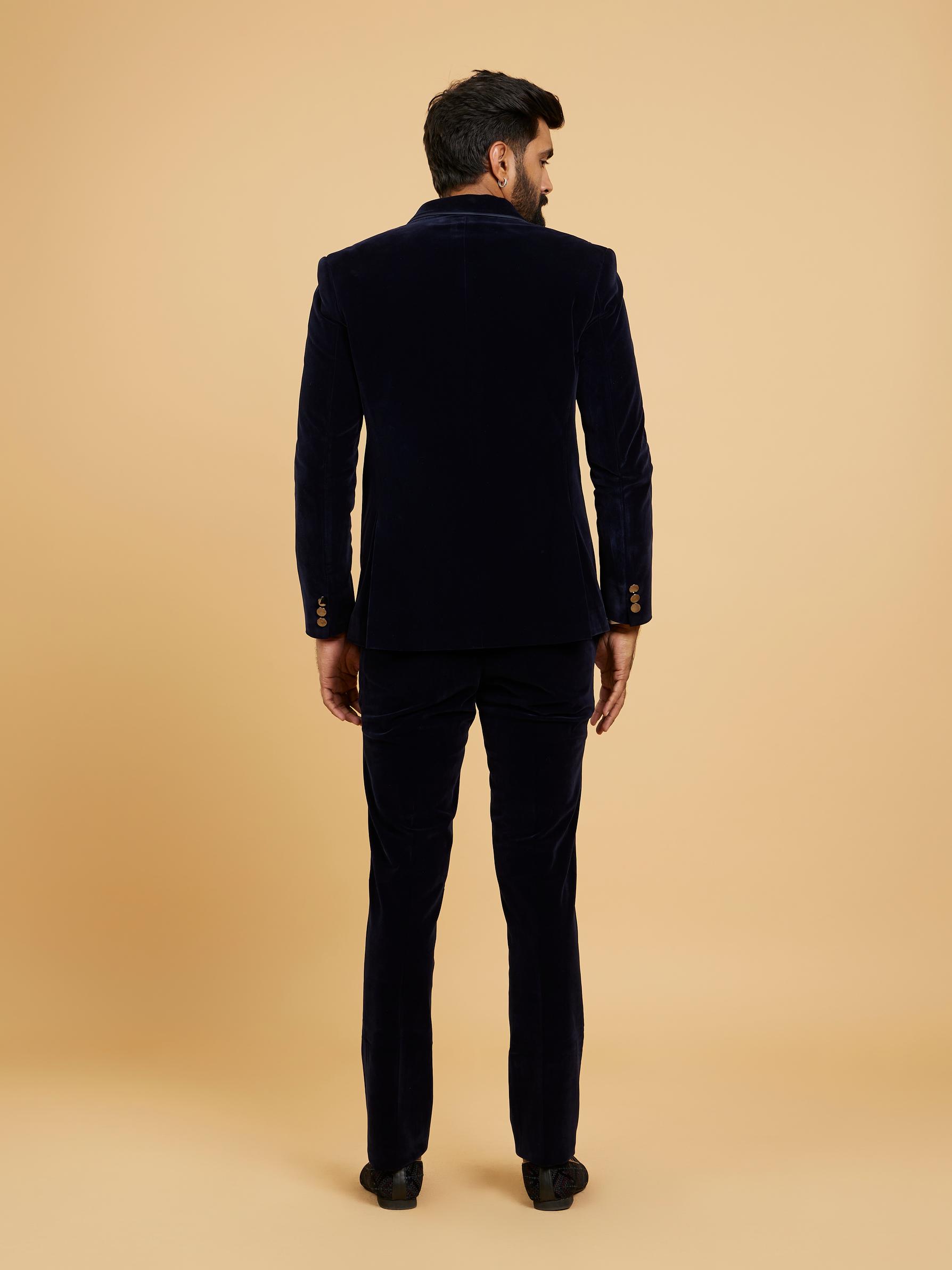 Twamev Men Midnight Blue Embellished Suit Set with Notched Collar