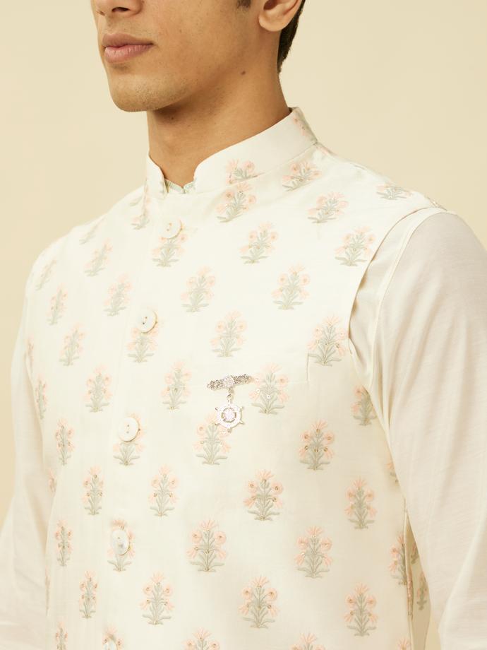 Twamev Men Ivory White Embroidered Kurta Jacket Set
