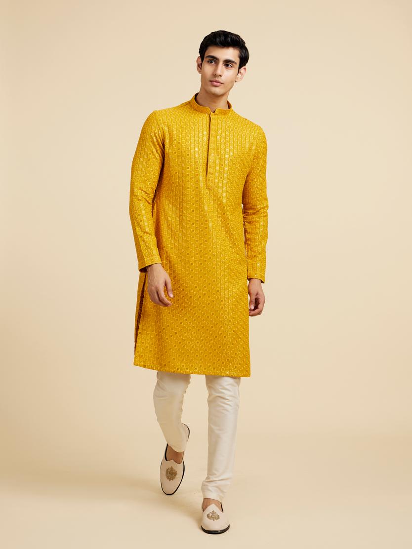 Diwas Men Mustard Yellow Chikankari Sequinned Kurta