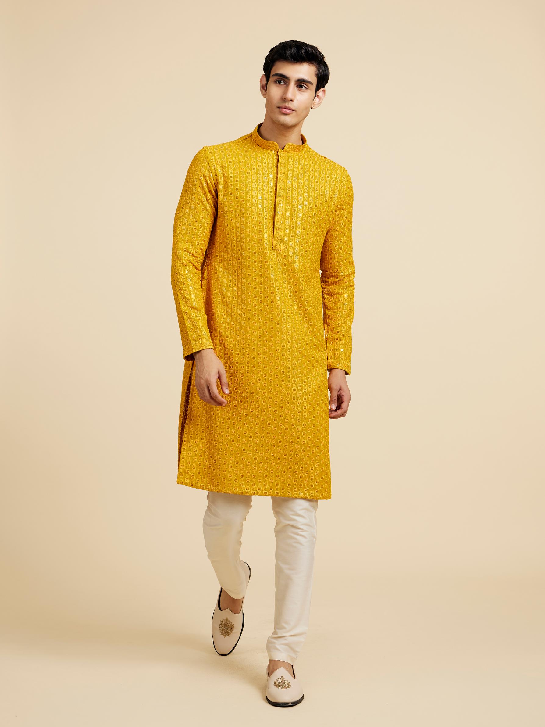 Diwas Men Mustard Yellow Chikankari Sequinned Kurta