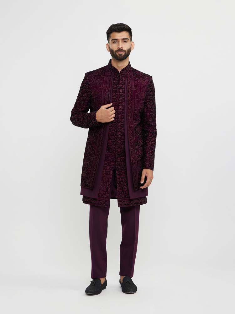 Twamev Men Wine Red Bel Buti Embroidered Indo-Western Set with Stone Work