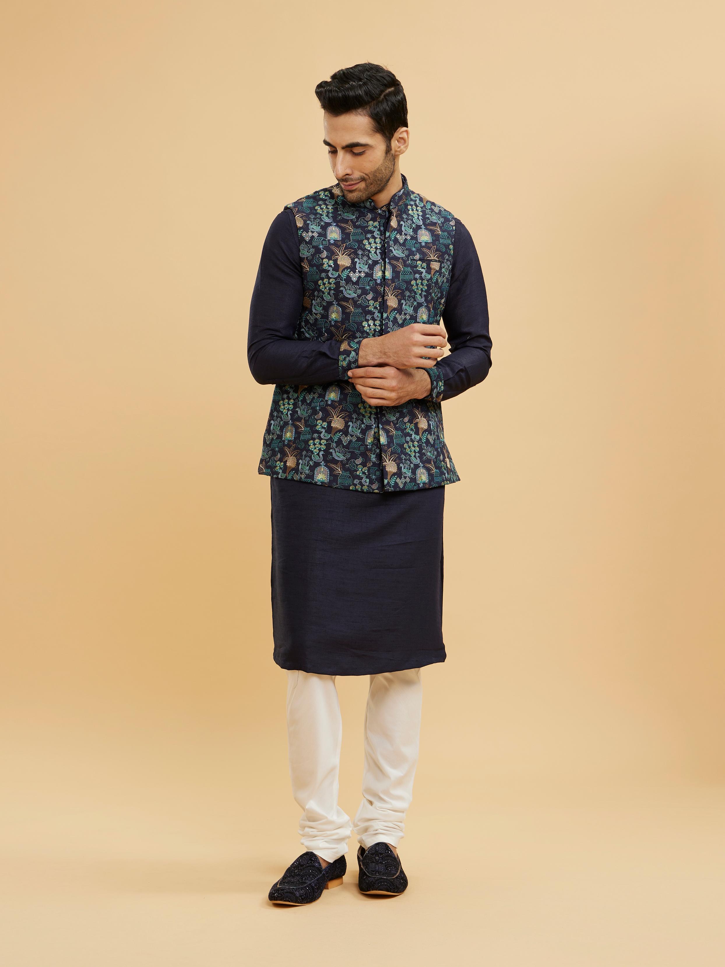 Twamev Men Navy Blue Kurta Set with Village Inspired Motifs